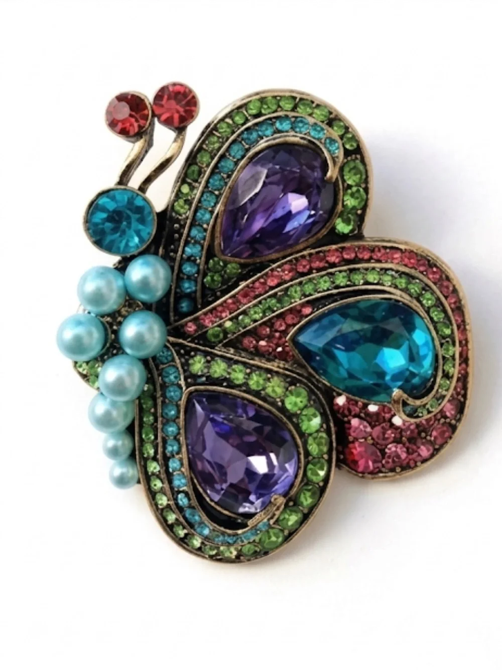 Colorful Crystal Butterfly Brooch Pin Vintage Rhinestone Faux Pearl Statement